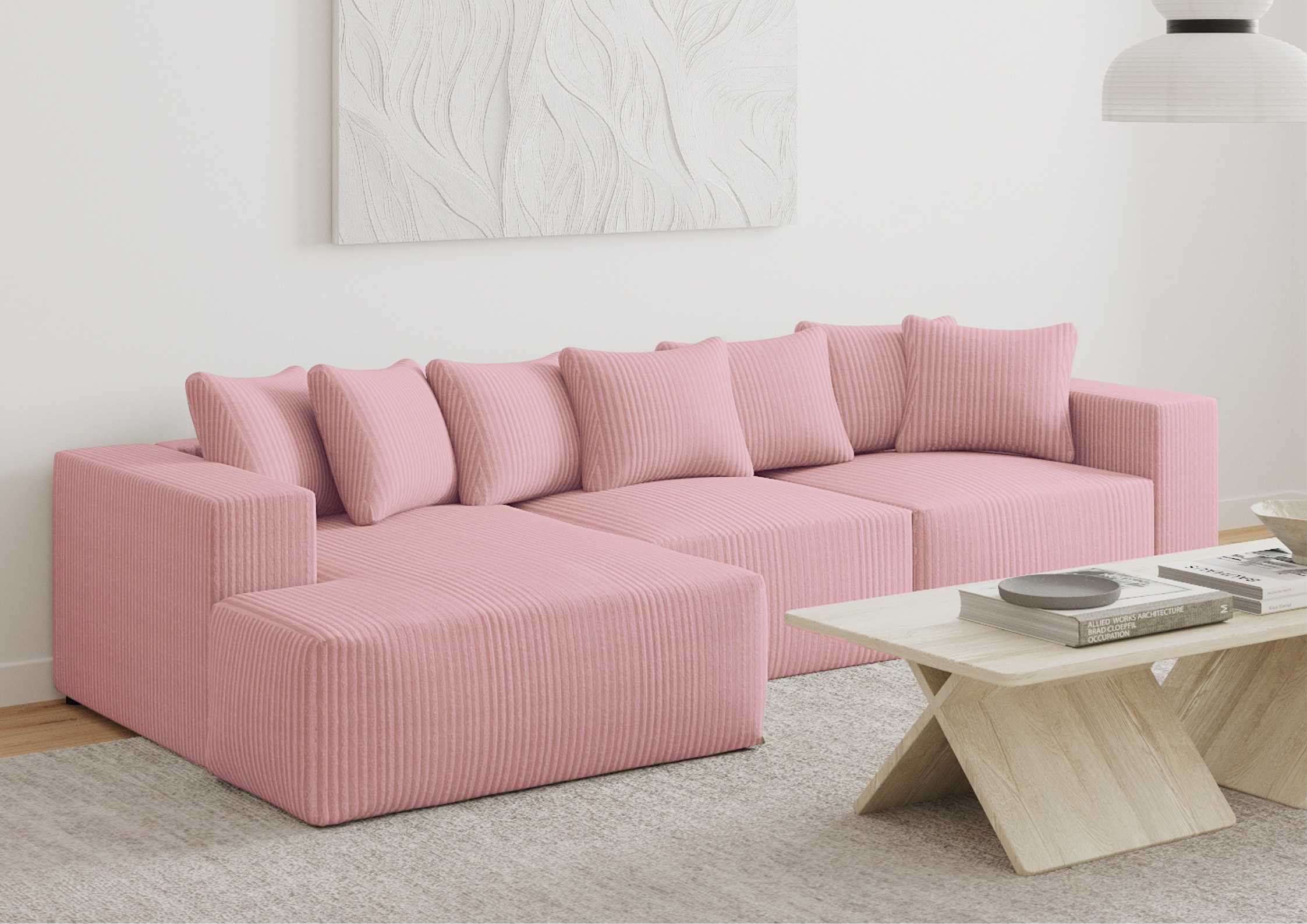 Lewy narożnik w sztruksie z funkcją spania Duży narożnik w stylu loft Kolor różowy